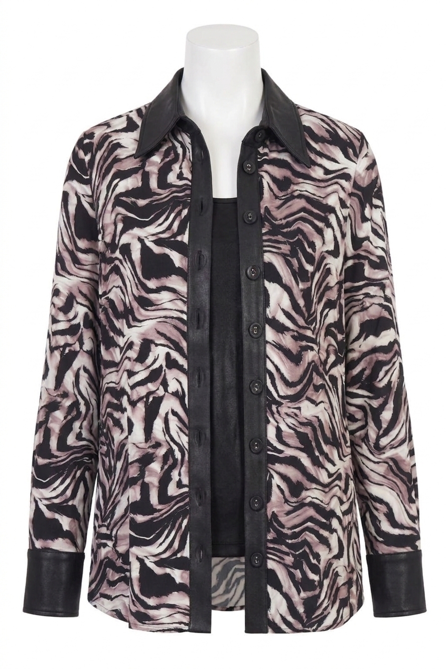 NEW ANGEL APPAREL animal print shirt with vegan leather trim in zebra/black
